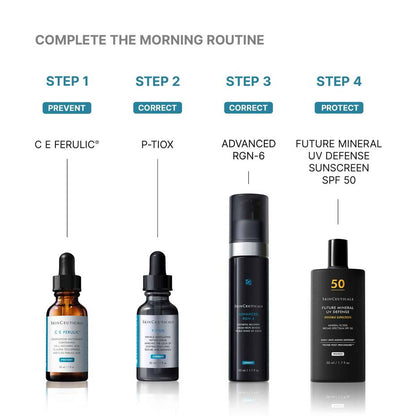 SkinCeuticals Future Mineral UV Defense morning routine with C E Ferulic, P-Tiox, Advanced RGN-6, and mineral SPF 50 serums.