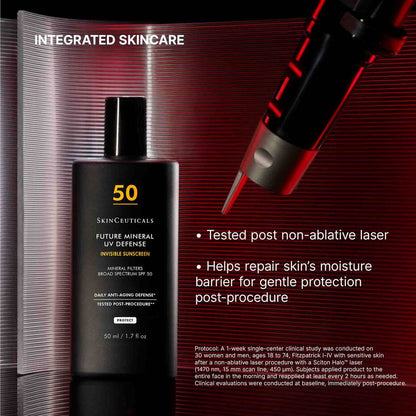 SkinCeuticals Future Mineral UV Defense integrated skincare graphic for post procedure mineral sunscreen protection on skin.