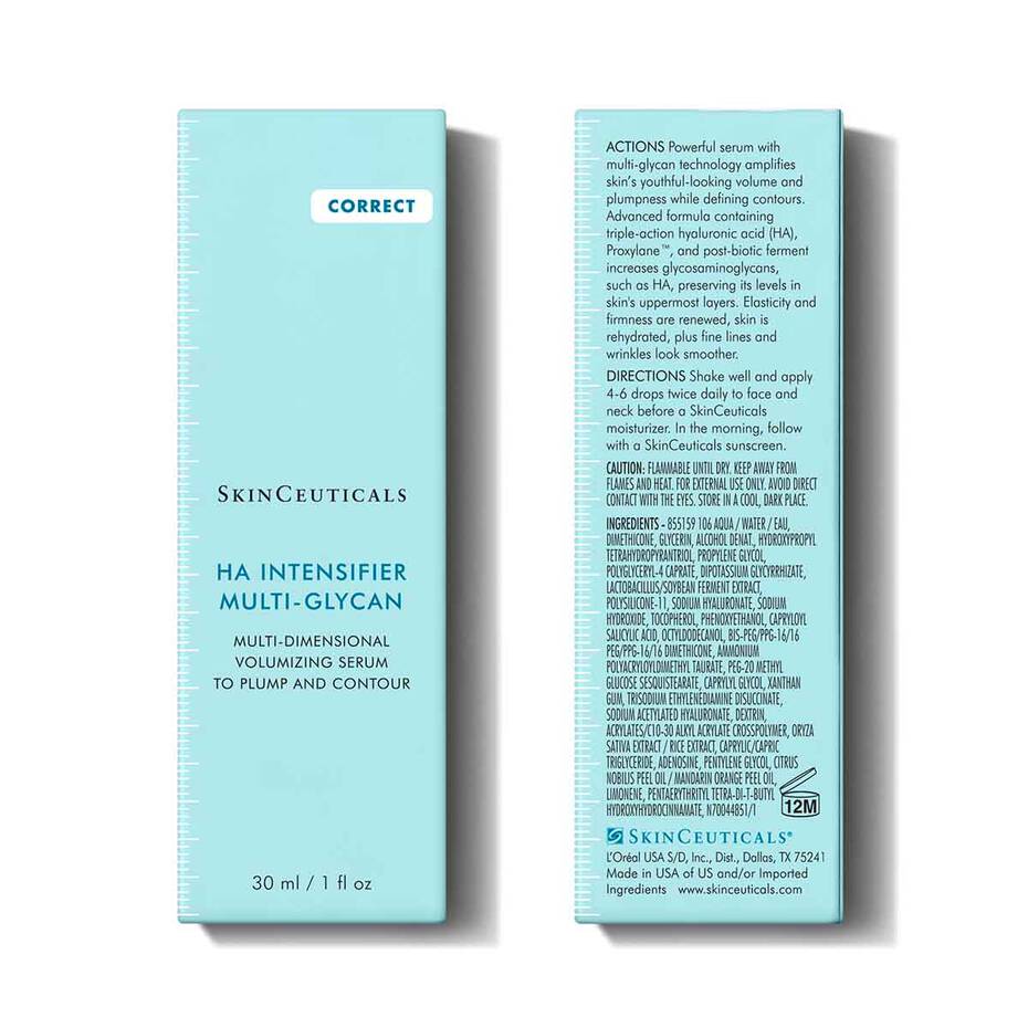 SkinCeuticals H.A. Intensifier Multi-Glycan 30 ml box front and back packaging for hydrating, plumping serum with directions