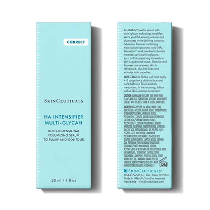 SkinCeuticals H.A. Intensifier Multi-Glycan 30 ml box front and back packaging for hydrating, plumping serum with directions