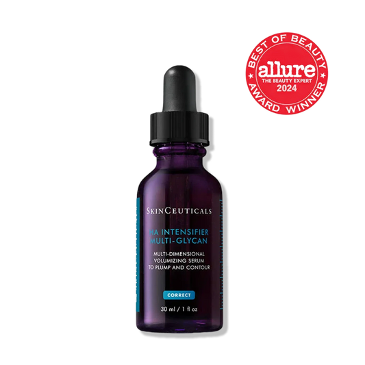 SkinCeuticals H.A. Intensifier Multi-Glycan serum with hyaluronic acid visibly plumps skin and supports facial contours too.