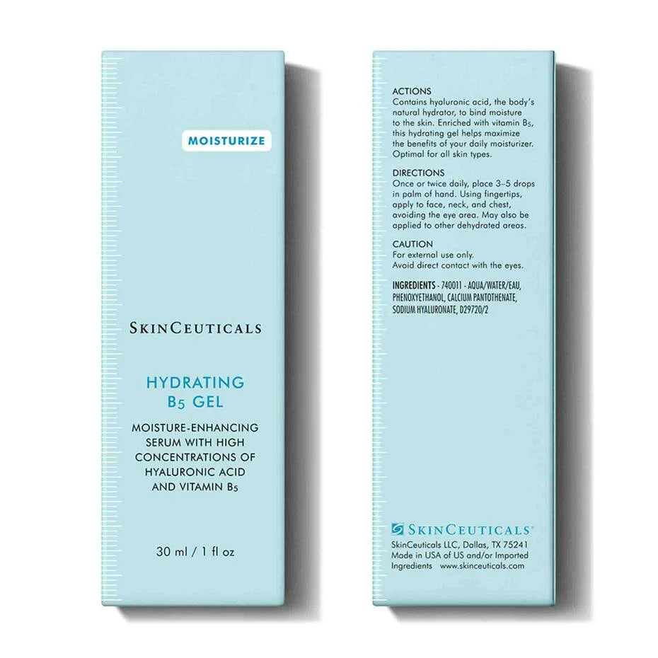 Detailed label for Skinceuticals Hydrating B5 Gel showing ingredients, directions for use, and benefits of hyaluronic acid.