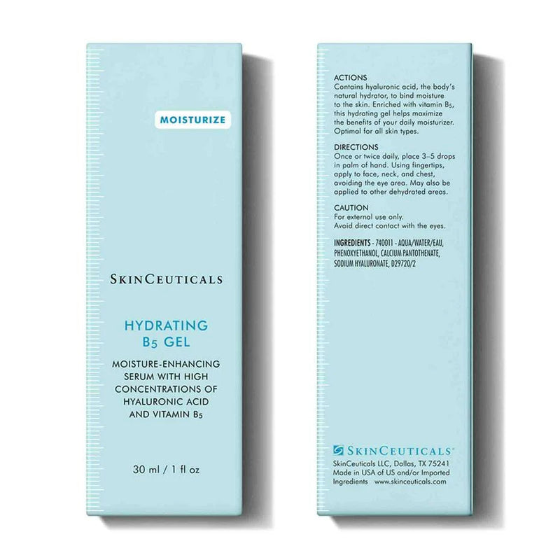 Detailed label for Skinceuticals Hydrating B5 Gel showing ingredients, directions for use, and benefits of hyaluronic acid.