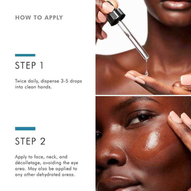 Step-by-step guide on how to apply Skinceuticals Hydrating B5 Gel serum to face, neck, and décolletage.