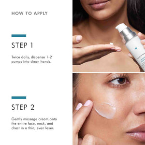 SkinCeuticals Metacell Renewal B3 how-to-use guide showing 1–2 pumps and massage into face and neck