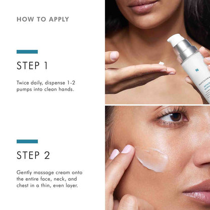 SkinCeuticals Metacell Renewal B3 how-to-use guide showing 1–2 pumps and massage into face and neck