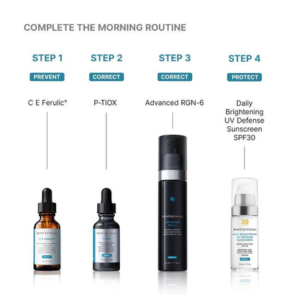Complete SkinCeuticals morning routine with C E Ferulic, P-TIOX, Advanced RGN-6, and SPF 30 sunscreen.