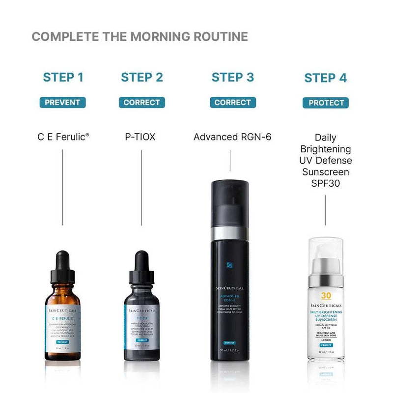 Complete SkinCeuticals morning routine with C E Ferulic, P-TIOX, Advanced RGN-6, and SPF 30 sunscreen.