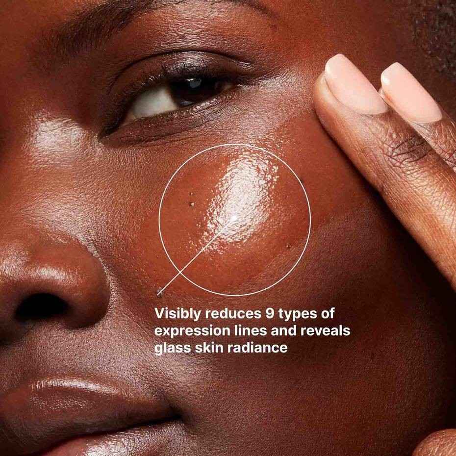 Visual demonstrating the result of SkinCeuticals P-Tiox: reduced expression lines and glass skin radiance.