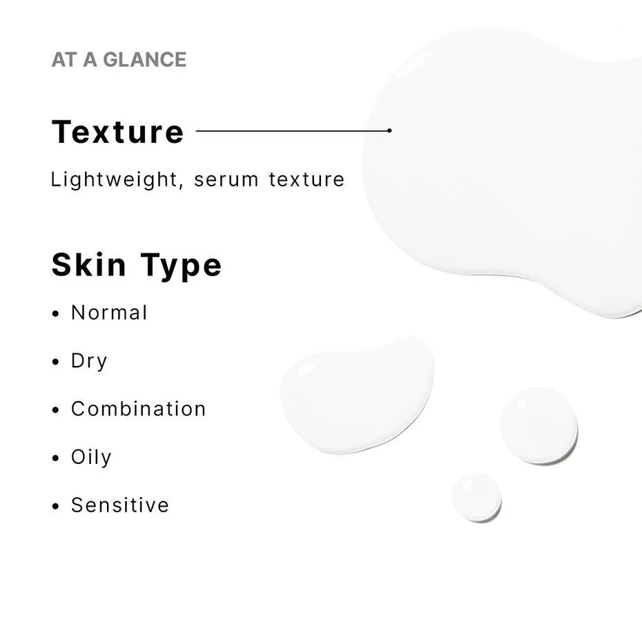 SkinCeuticals P-Tiox at a glance: lightweight serum texture suitable for normal, dry, combination, oily, and sensitive skin.