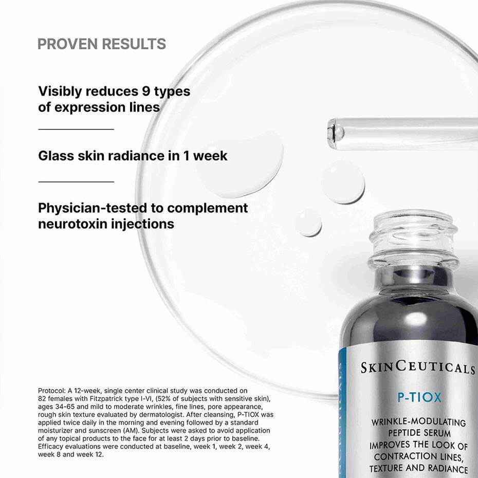 Clinical results for SkinCeuticals P-Tiox peptide serum showing 9 expression line reductions and radiance in 1 week