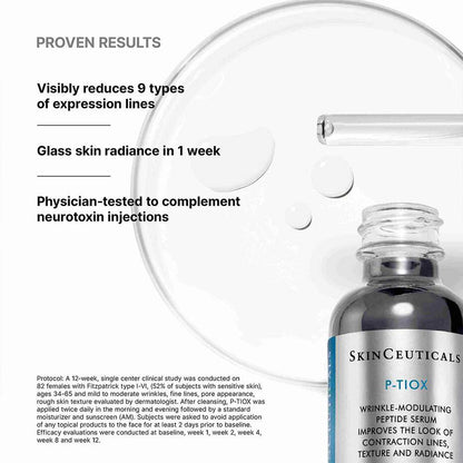 Clinical results for SkinCeuticals P-Tiox peptide serum showing 9 expression line reductions and radiance in 1 week