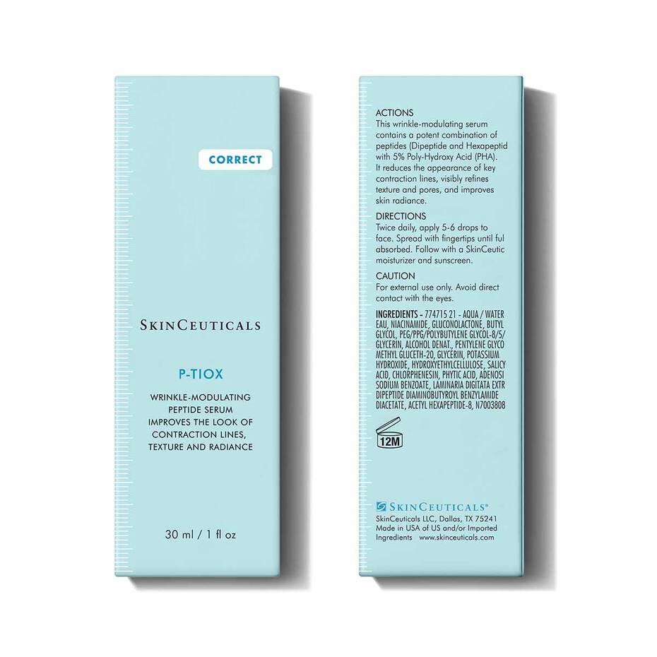 Full ingredient list and usage directions for SkinCeuticals P-Tiox wrinkle-modulating serum with peptide and PHA complex.