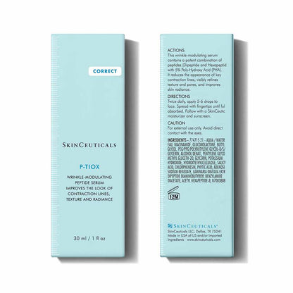 Full ingredient list and usage directions for SkinCeuticals P-Tiox wrinkle-modulating serum with peptide and PHA complex.
