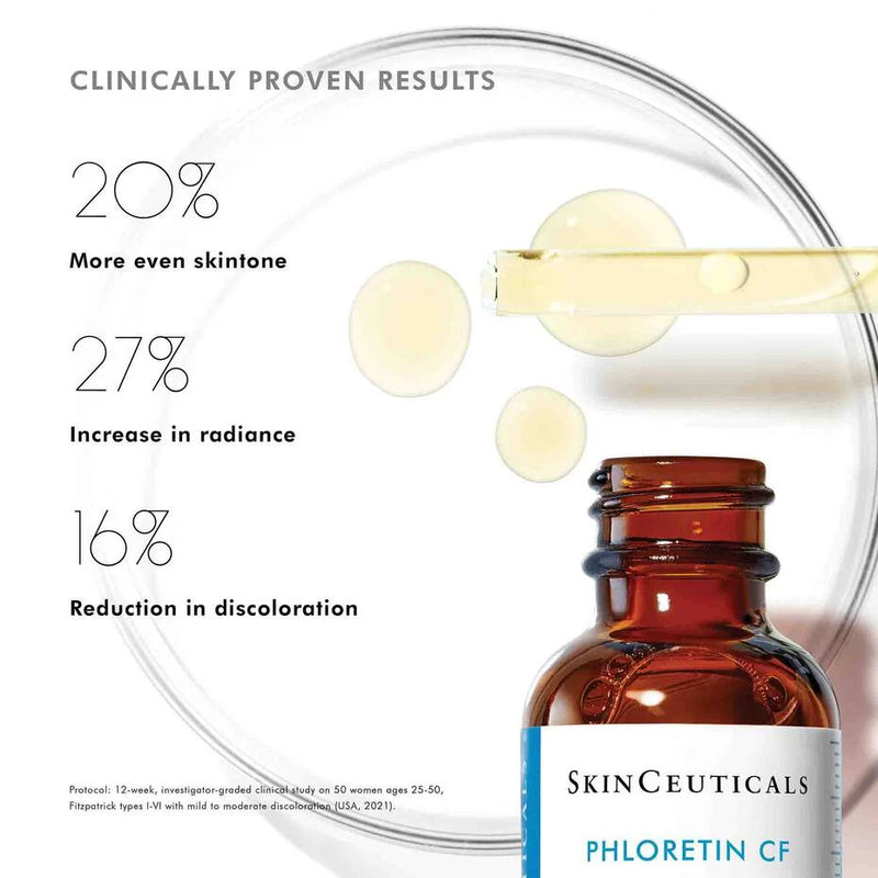 Clinical results of SkinCeuticals Phloretin CF showing improved skin tone, radiance, and reduced discoloration.