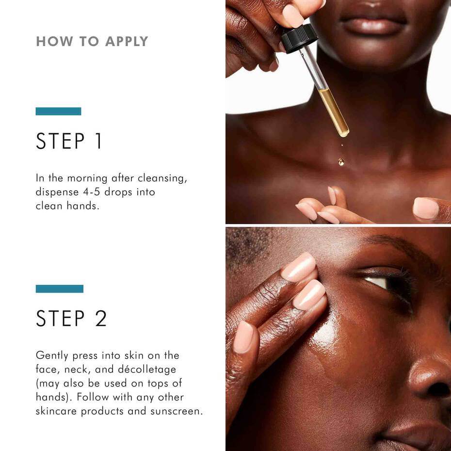 SkinCeuticals Phloretin CF how to apply steps showing drops in hands, then pressing vitamin C serum onto face and neck daily