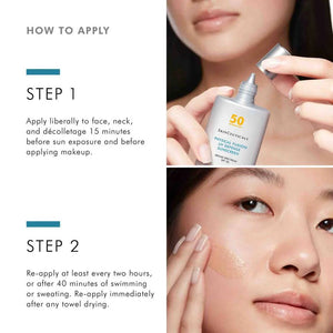 Step-by-step instructions for applying and reapplying SkinCeuticals Physical Fusion SPF 50 on face, neck, décolletage.