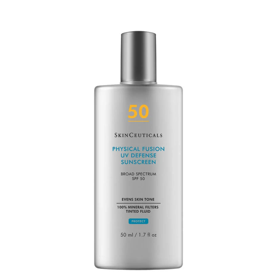 SkinCeuticals Physical Fusion SPF 50 mineral sunscreen bottle, lightweight tinted formula for daily UV protection.