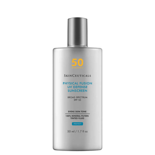 SkinCeuticals Physical Fusion SPF 50 mineral sunscreen bottle, lightweight tinted formula for daily UV protection.