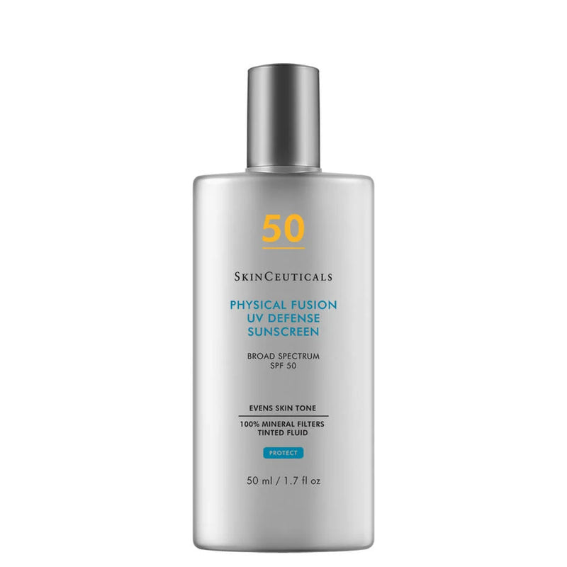SkinCeuticals Physical Fusion SPF 50 mineral sunscreen bottle, lightweight tinted formula for daily UV protection.