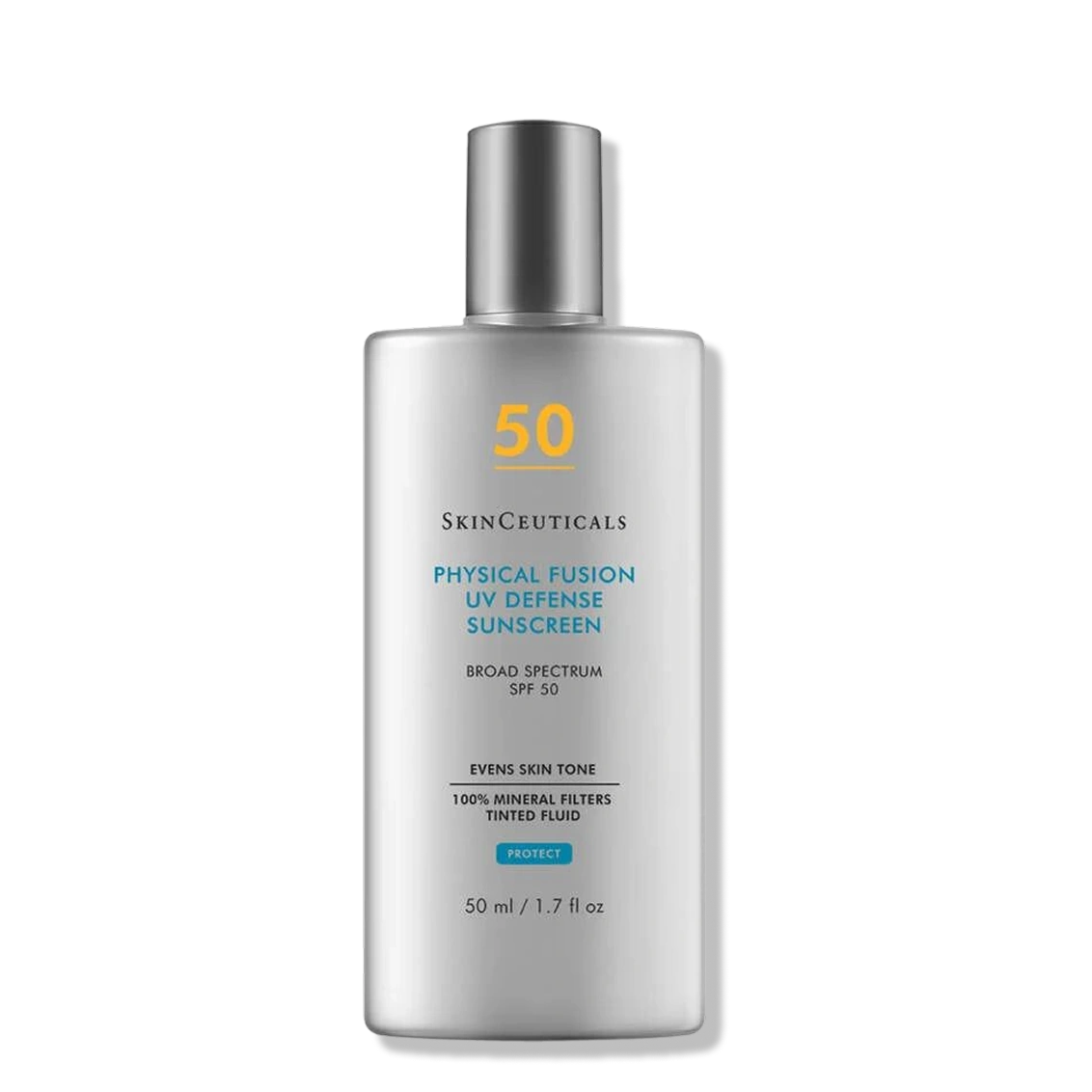 SkinCeuticals Physical Fusion UV Defense SPF 50 tinted mineral sunscreen helps even skin tone with sheer mineral protection.