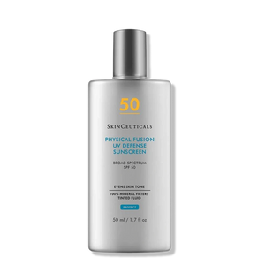 SkinCeuticals Physical Fusion UV Defense SPF 50 tinted mineral sunscreen helps even skin tone with sheer mineral protection.