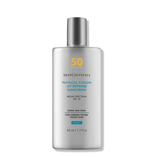 SkinCeuticals Physical Fusion UV Defense SPF 50 tinted mineral sunscreen helps even skin tone with sheer mineral protection.