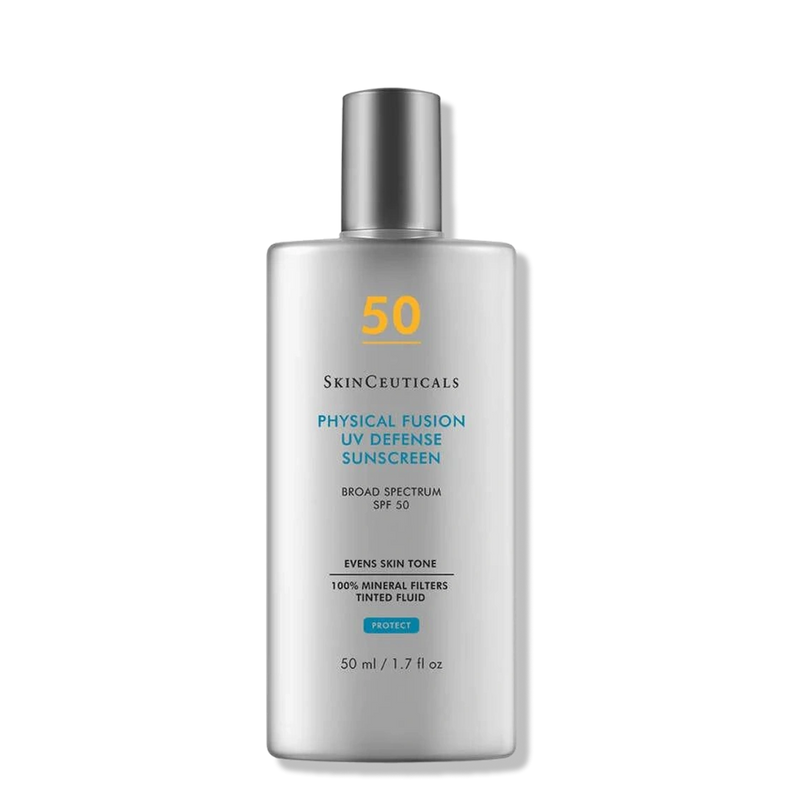 SkinCeuticals Physical Fusion UV Defense SPF 50 tinted mineral sunscreen helps even skin tone with sheer mineral protection.