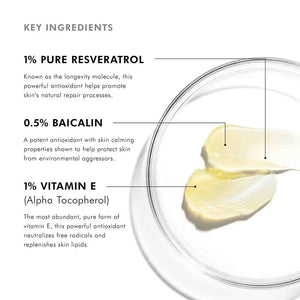 Key ingredients in SkinCeuticals Resveratrol B E: 1% resveratrol, 0.5% baicalin, and 1% vitamin E.