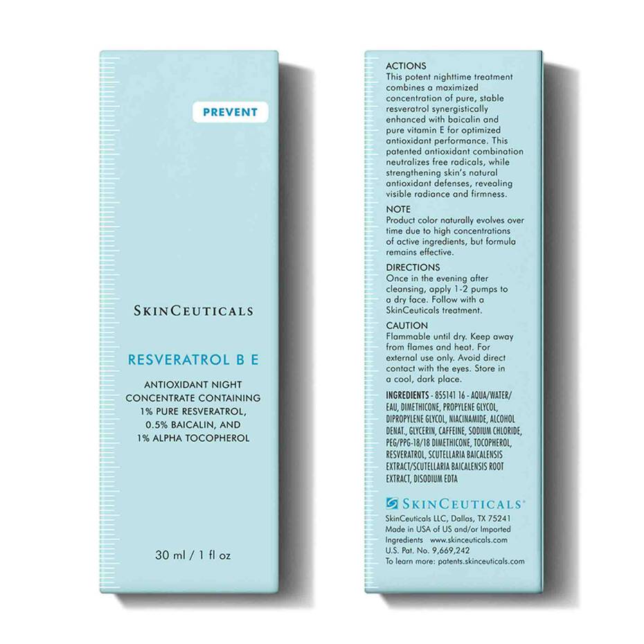 Skinceuticals Resveratrol B E label showing ingredients, nighttime directions, and antioxidant benefits for radiance.