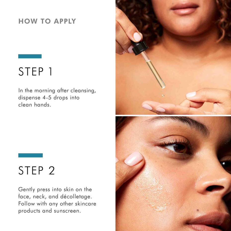 Morning application instructions for SkinCeuticals Silymarin CF: apply 4-5 drops to face, neck, and décolletage before sunscreen.