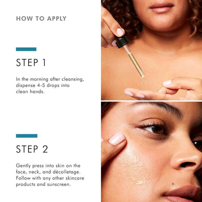 Morning application instructions for SkinCeuticals Silymarin CF: apply 4-5 drops to face, neck, and décolletage before sunscreen.