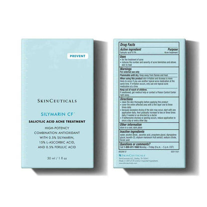 Detailed product label and ingredients for SkinCeuticals Silymarin CF antioxidant serum for oily and acne-prone skin.