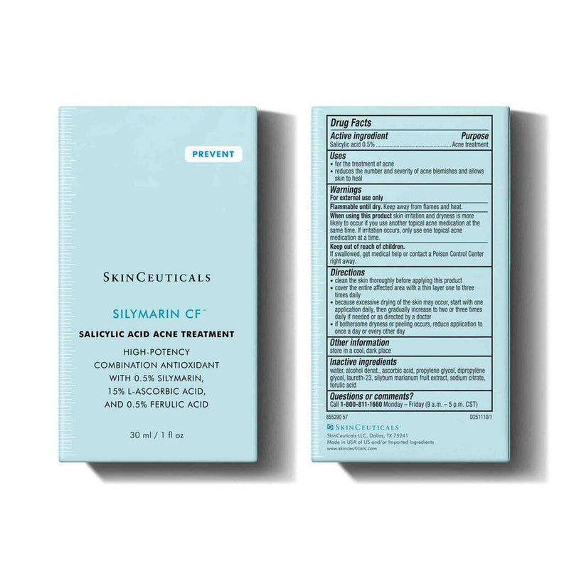 Detailed product label and ingredients for SkinCeuticals Silymarin CF antioxidant serum for oily and acne-prone skin.