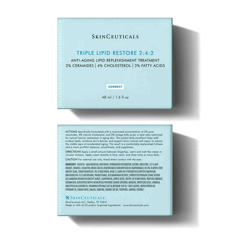 SkinCeuticals Triple Lipid Restore 2:4:2 48 ml box front and back packaging, anti-aging ceramide cream moisturizer for skin.