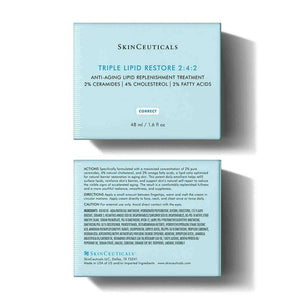 SkinCeuticals Triple Lipid Restore 2:4:2 48 ml box front and back packaging, anti-aging ceramide cream moisturizer for skin.