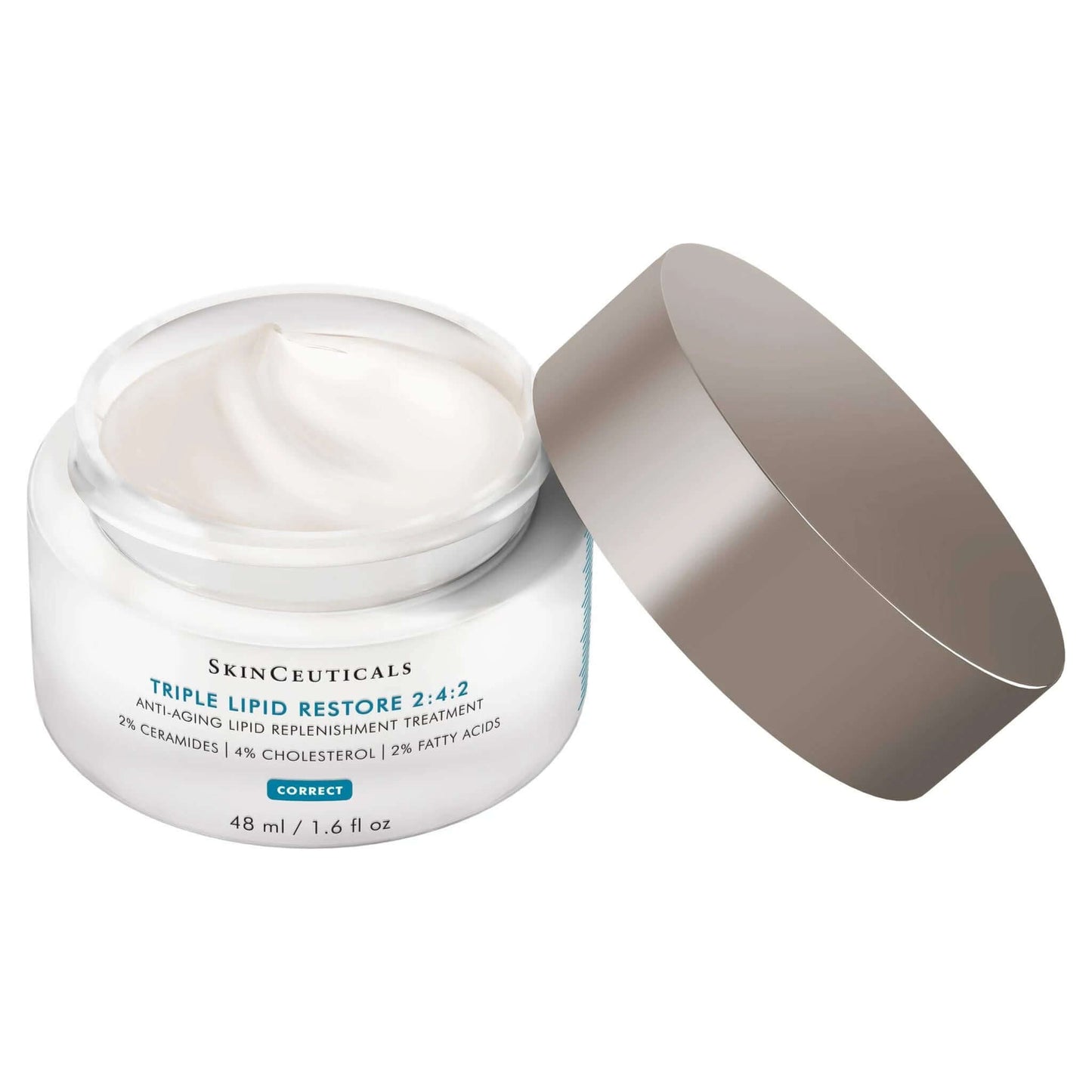 SkinCeuticals Triple Lipid Restore 2:4:2 48 ml open jar showing rich cream texture, anti-aging ceramide moisturizer.