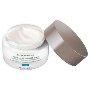 SkinCeuticals Triple Lipid Restore 2:4:2 48 ml open jar showing rich cream texture, anti-aging ceramide moisturizer.