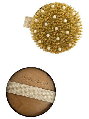 SkinMedica Dry Wet Body Brush front and back view with natural bristles massage nodules and wooden hand strap for body care.