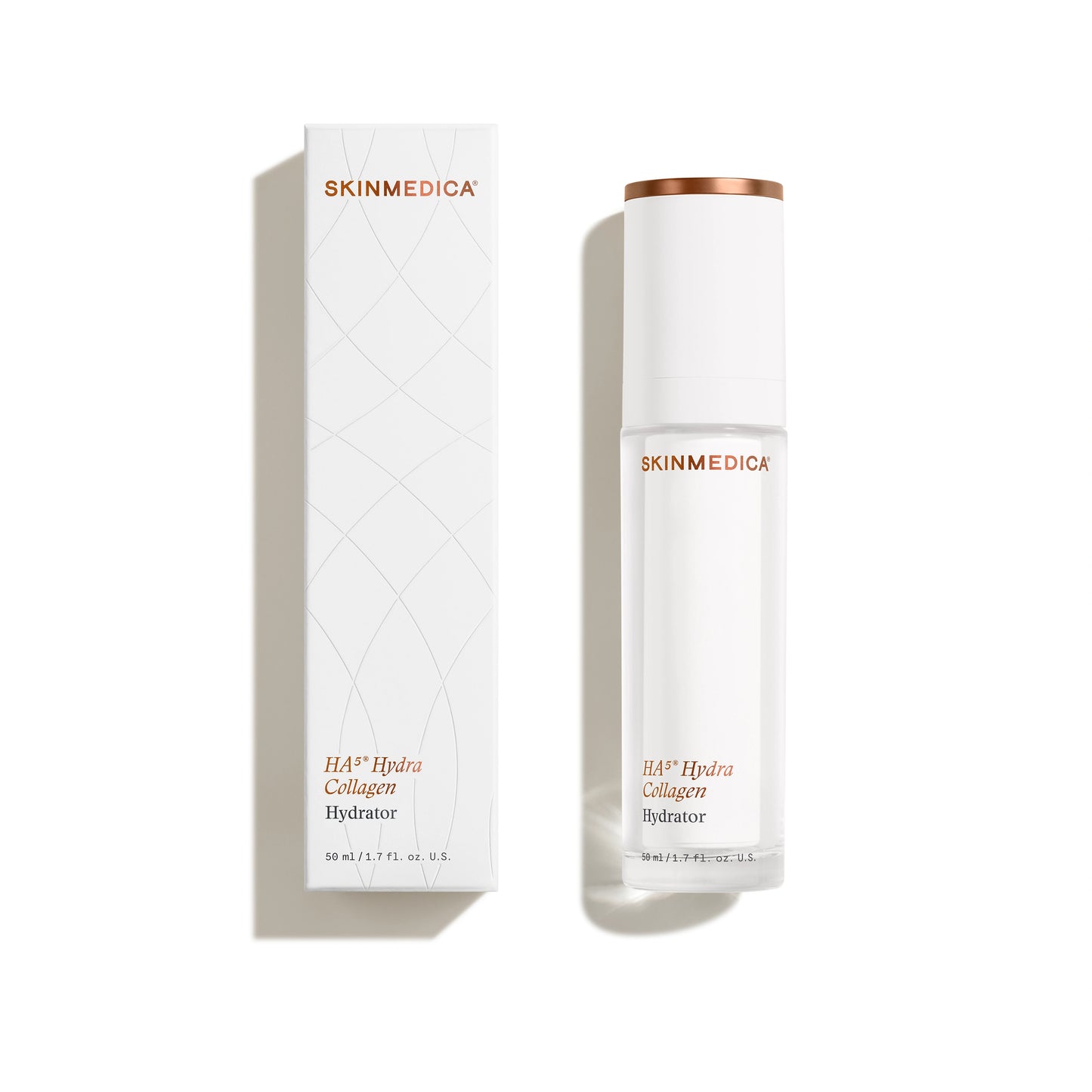 SkinMedica HA5 Hydra Collagen hydrator bottle with packaging box showing product design for deep hydration and smooth skin