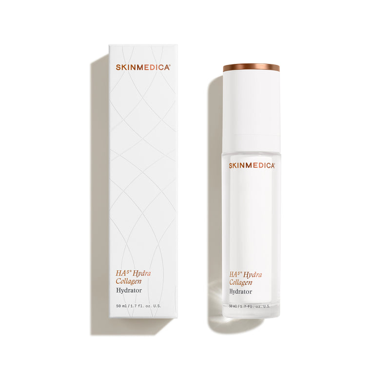 SkinMedica HA5 Hydra Collagen hydrator bottle with packaging box showing product design for deep hydration and smooth skin