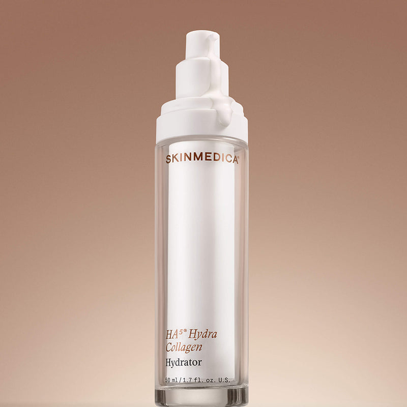 SkinMedica HA5 Hydra Collagen hydrator serum bottle with texture drip showing deep hydration and plumping effect