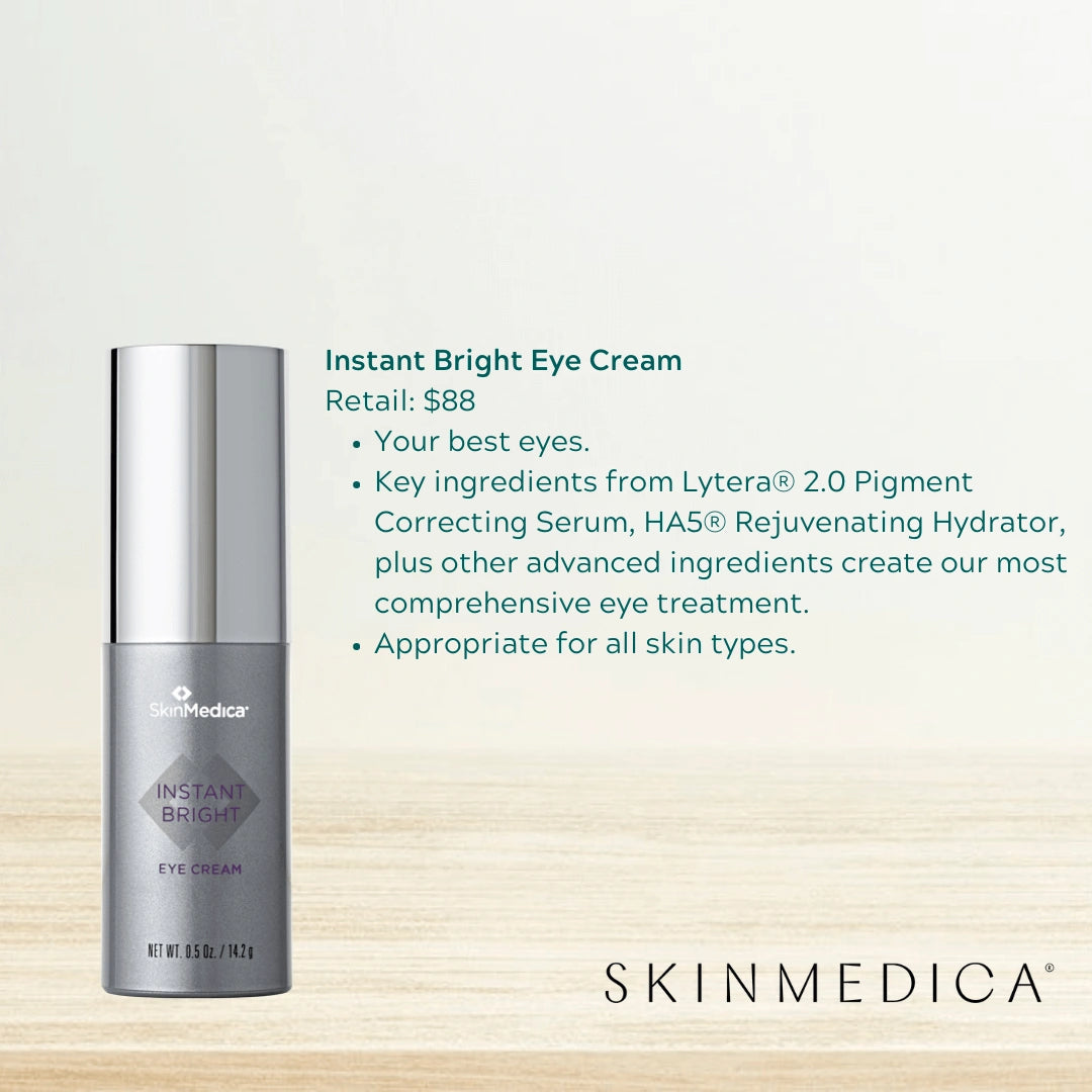 SkinMedica Instant Bright Eye Cream benefits graphic for dark circles, puffiness, and brighter smoother under-eye skin care.