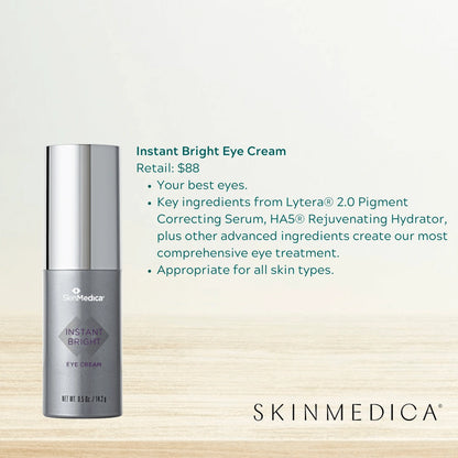 SkinMedica Instant Bright Eye Cream benefits graphic for dark circles, puffiness, and brighter smoother under-eye skin care.