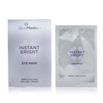 SkinMedica Instant Bright Eye Mask box and packet with golden root extract for under-eye hydration and brightening care uses