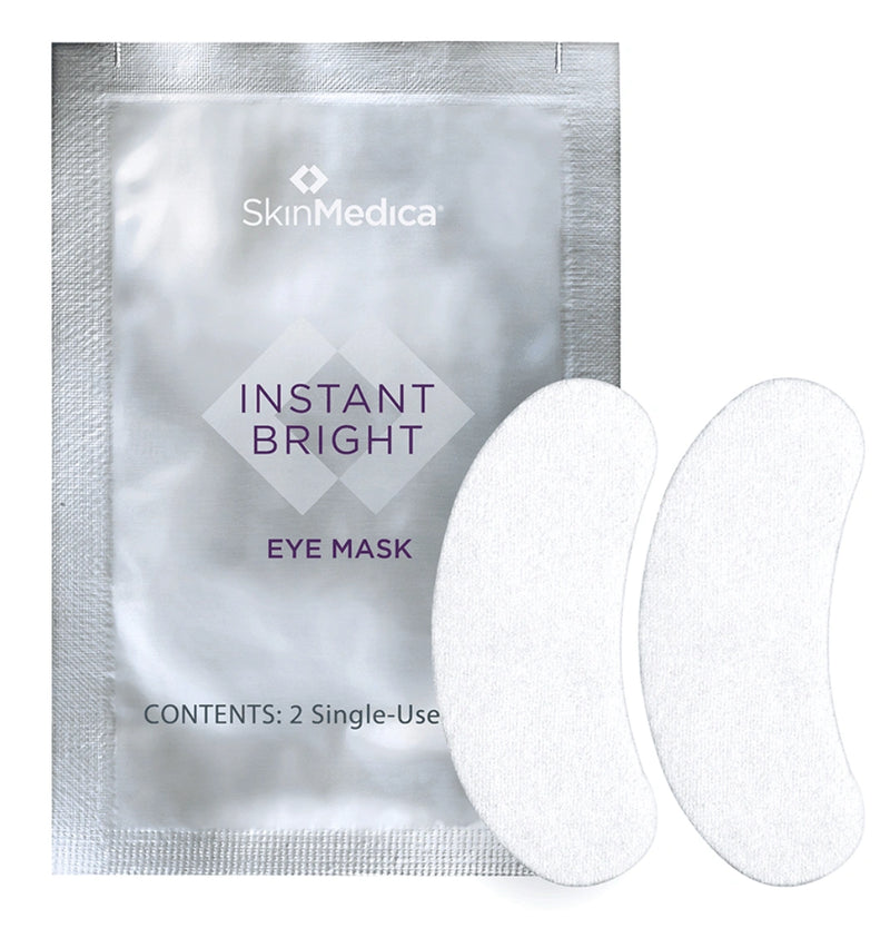 SkinMedica Instant Bright Eye Mask packet with hydrogel patches, golden root, yeast extract for brighter under-eye skin care