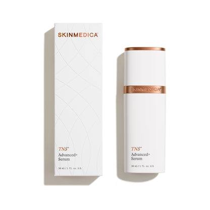 SkinMedica TNS Advanced+ Serum bottle and box packaging for age-defying skin, texture, tone, and smoothness care routine use