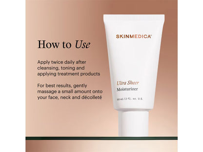 SkinMedica Ultra Sheer Moisturizer how-to-use — apply twice daily after cleansing and toning to face, neck, and décolleté