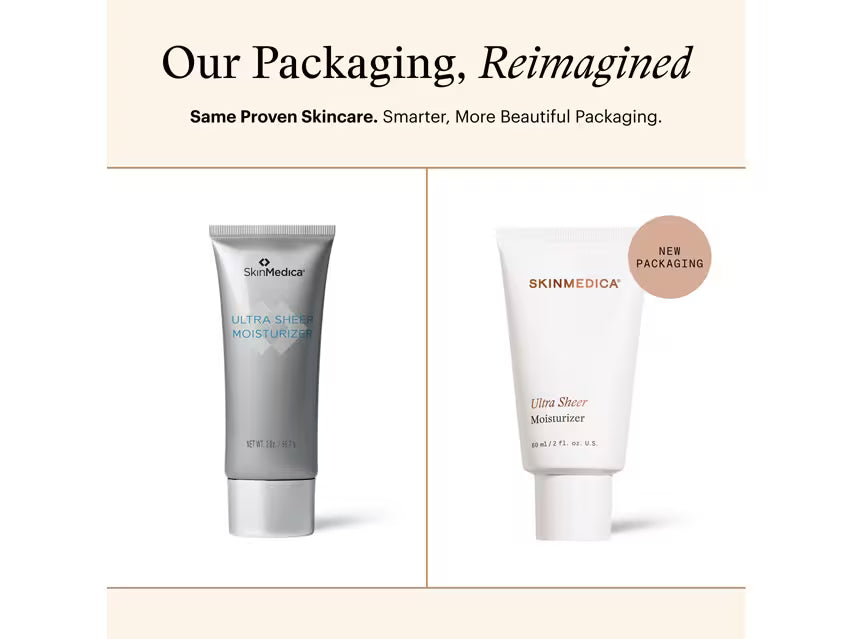 SkinMedica Ultra Sheer Moisturizer new white tube — same oil-free lightweight formula in redesigned packaging for oily skin
