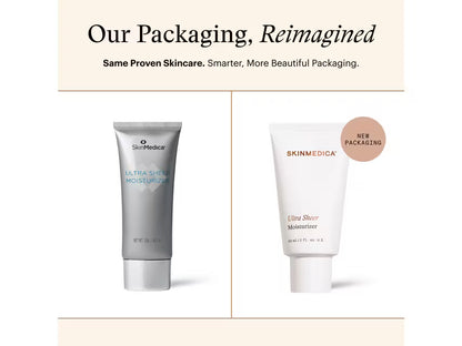 SkinMedica Ultra Sheer Moisturizer new white tube — same oil-free lightweight formula in redesigned packaging for oily skin